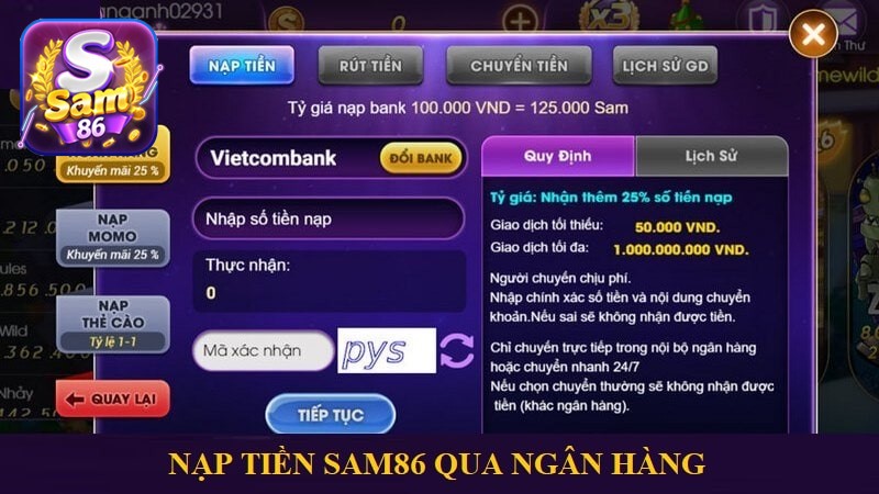 Nạp tiền vào SAM86 bằng tài khoản ngân hàng