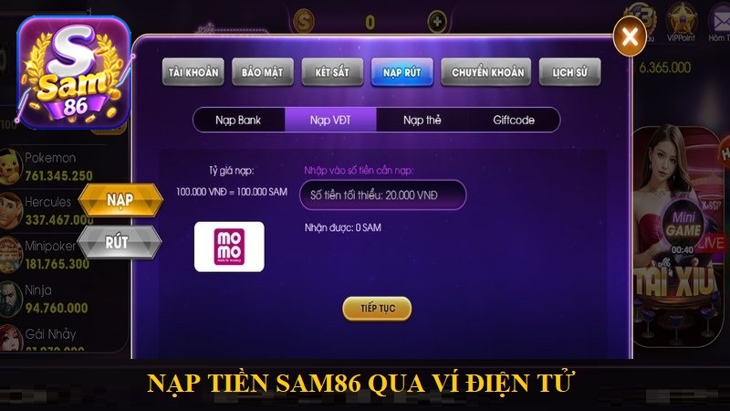 Nạp tiền vào SAM86 qua ví điện tử
