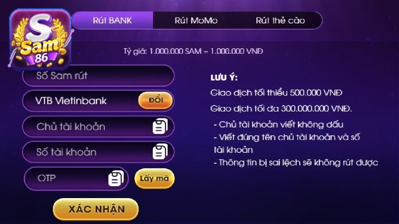 Rút tiền SAM86 qua bank đơn giản